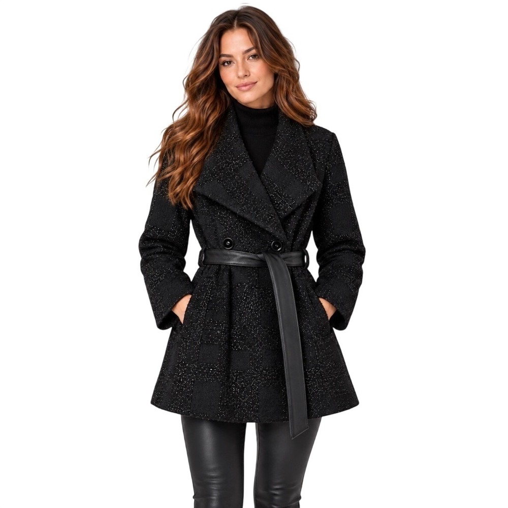 Mackage Montreal Black Metallic Boucle Plaid Belted Wrap Coat Jacket Medium M